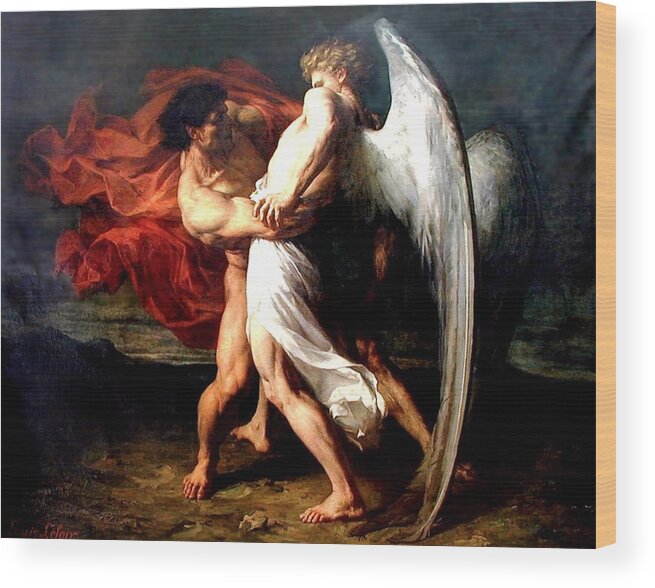 Jacob Wrestling With The Angel Wood Print featuring the painting Jacob Wrestling with the Angel by Alexander Louis Leloir