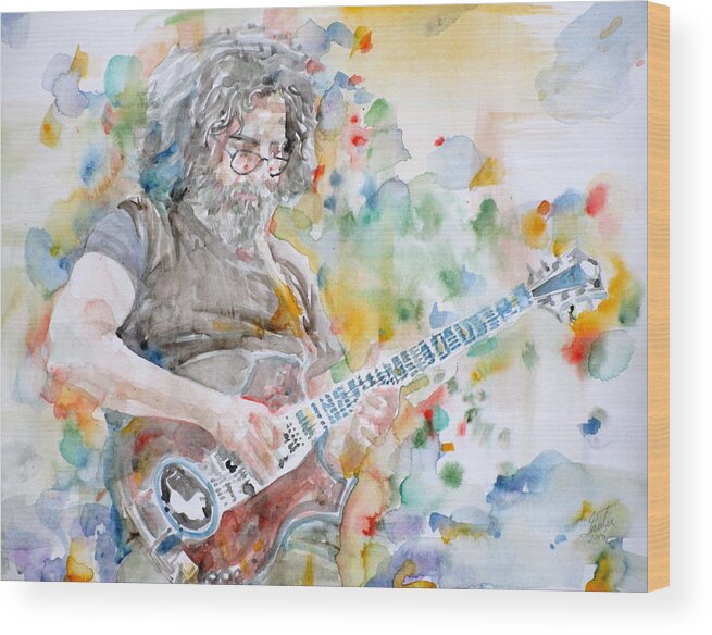 Jerry Garcia Wood Print featuring the painting JERRY GARCIA - watercolor portrait.15 by Fabrizio Cassetta