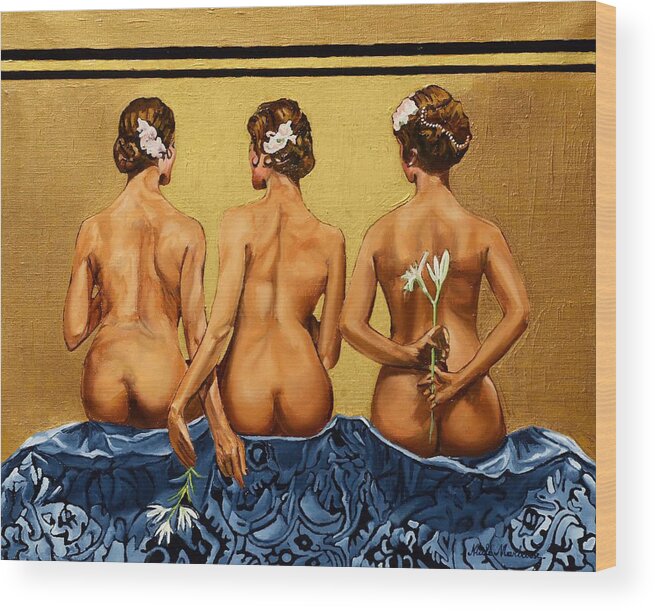 Women Wood Print featuring the painting Jeu de Mains by Nicole MARBAISE