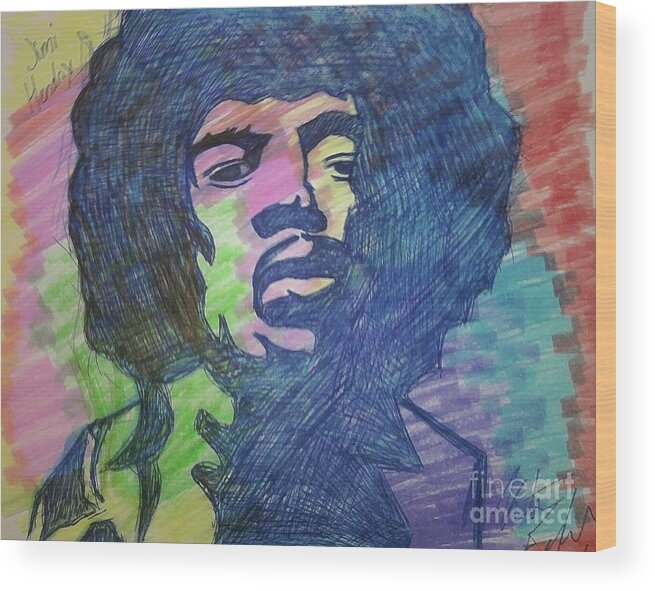 Jimi Wood Print featuring the drawing Jimi Hendrix by Kristen Diefenbach