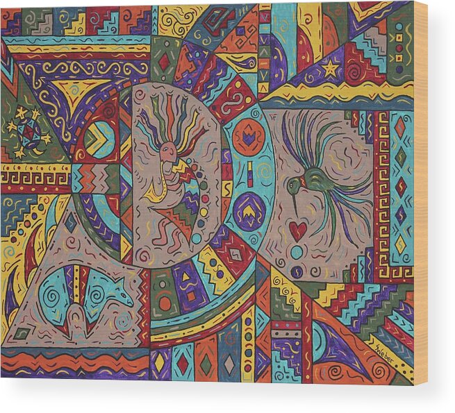 Cross Wood Print featuring the painting Kokopelli Mandala by Susie WEBER