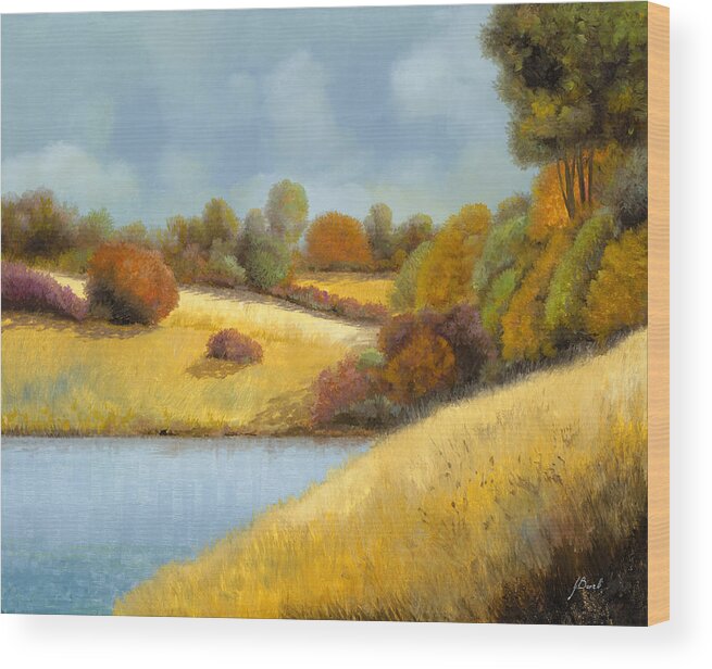 Landscape Wood Print featuring the painting La Mietitura Sul Lago by Guido Borelli