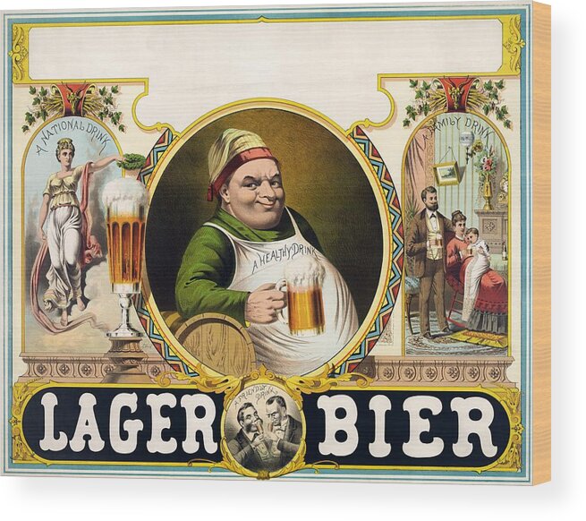 Beer Poster Wood Print featuring the painting Lager beer stock advertising poster 1879 by Vincent Monozlay