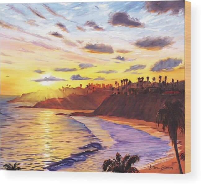 Laguna Beach Wood Print featuring the painting Laguna Village Sunset by Steve Simon