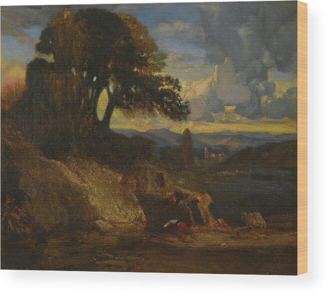 Alexandre-gabriel Decamps Wood Print featuring the painting Landscape at sunset by Alexandre-Gabriel Decamps