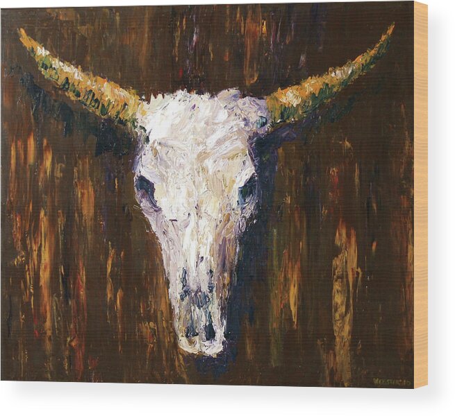 Abstract Wood Print featuring the painting Large Cow Skull Acrylic Palette Knife Painting by Mark Webster
