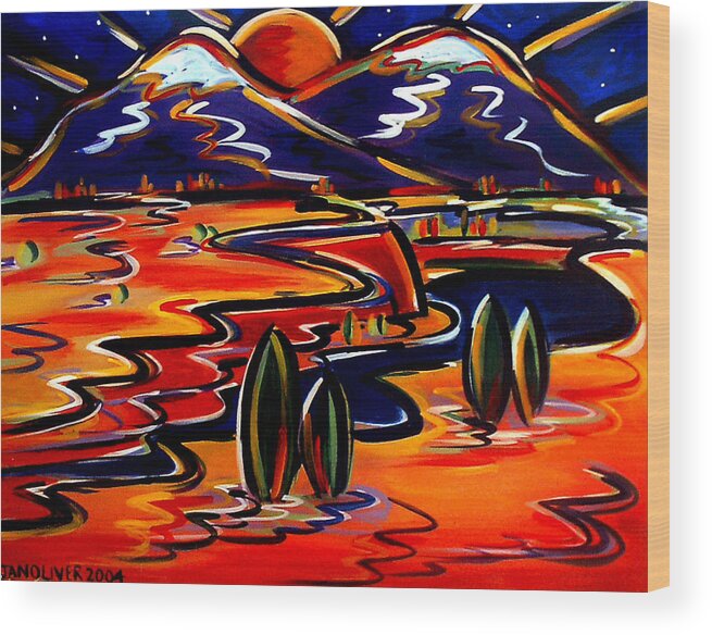 Contemporary Wood Print featuring the painting Last light over the Spanish peaks by Jan Oliver-Schultz
