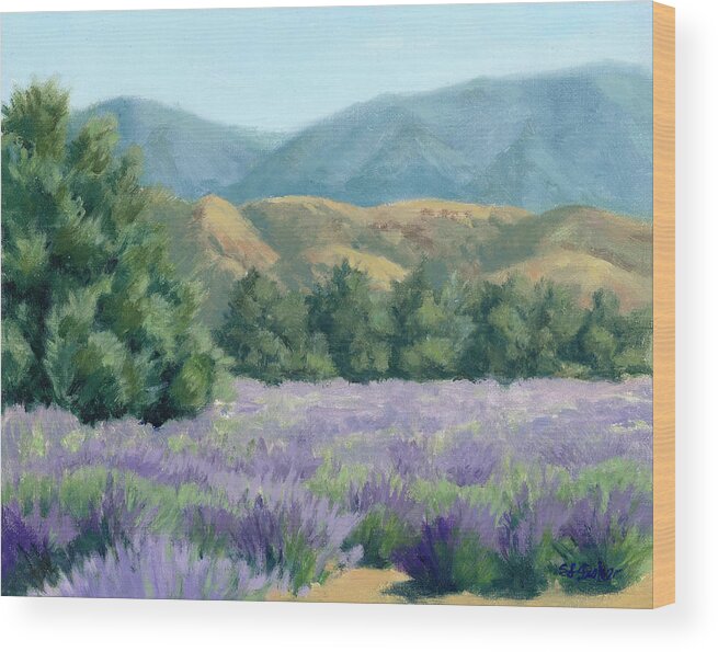 Lavender Fields Wood Print featuring the painting Lavender, Blue and Gold by Sandy Fisher