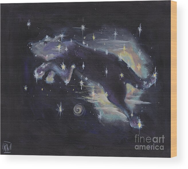 Dog Wood Print featuring the painting Leaping dog constellation by Robin Wiesneth