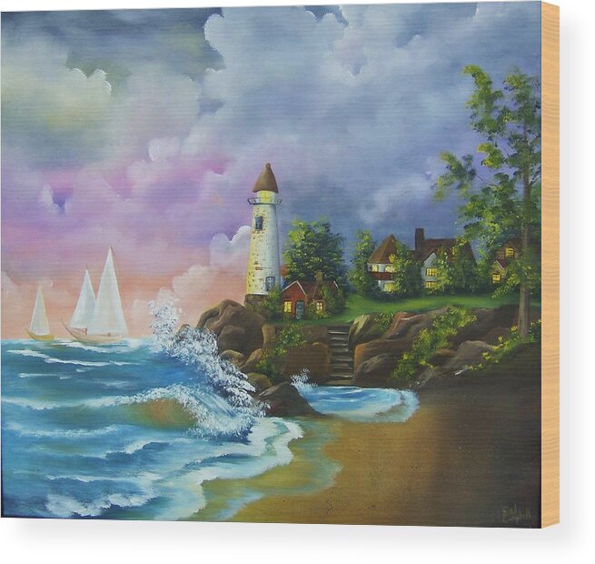 Lighthouse Wood Print featuring the painting Lighthouse by the Village by Debra Campbell