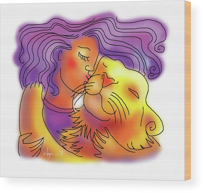 Dogs Wood Print featuring the drawing Lion Kiss by Angela Treat Lyon