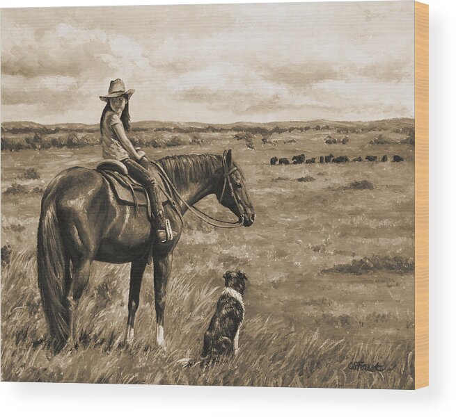 Western Wood Print featuring the painting Little Cowgirl on Cattle Horse in Sepia by Crista Forest