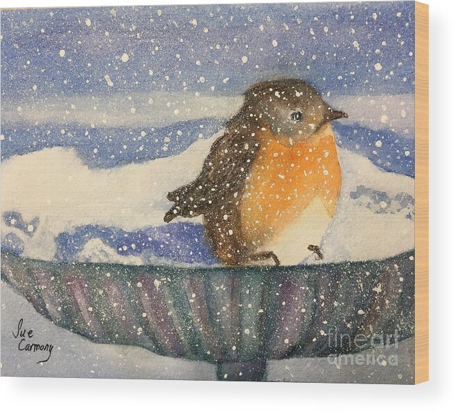 Snow Wood Print featuring the painting Little Snow Robin by Sue Carmony
