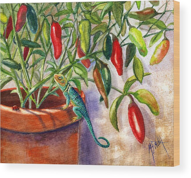 Jalapenos Wood Print featuring the painting Lizard In Hot Sauce by Marilyn Smith