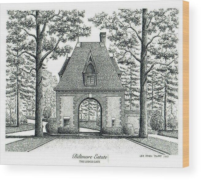 Biltmore Estate Wood Print featuring the drawing Lodge Gate at Biltmore Estate by Lee Pantas