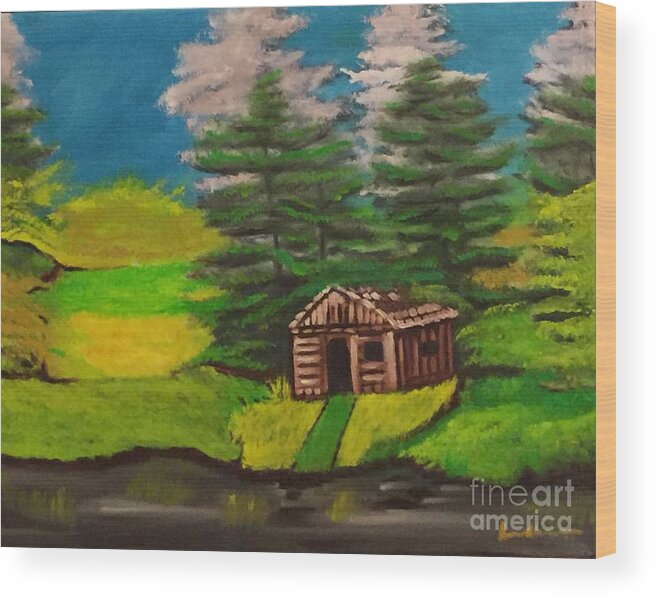 Log Cabin Wood Print featuring the painting Log cabin by Brindha Naveen