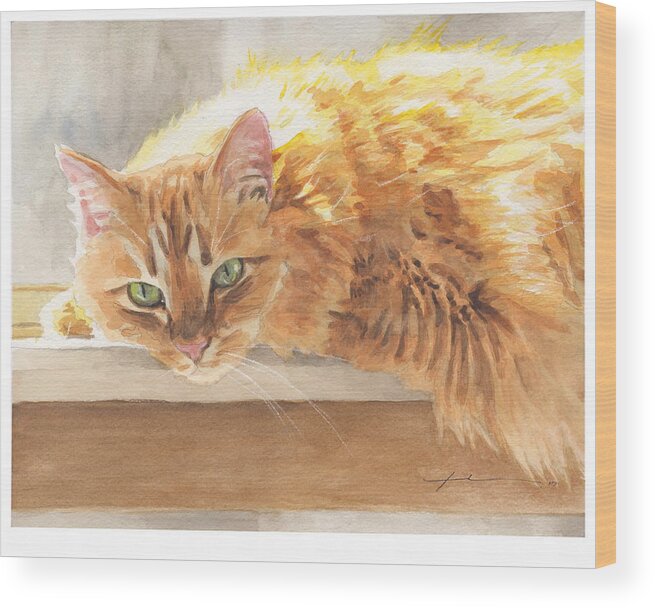 Www.miketheuer.com Orange Maine Coon Cat Watercolor Portrait Wood Print featuring the painting Long-hair Cat by Mike Theuer