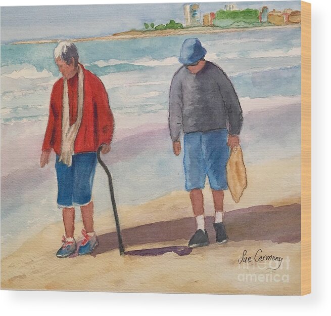 Beach Wood Print featuring the painting Looking for Treasures by Sue Carmony