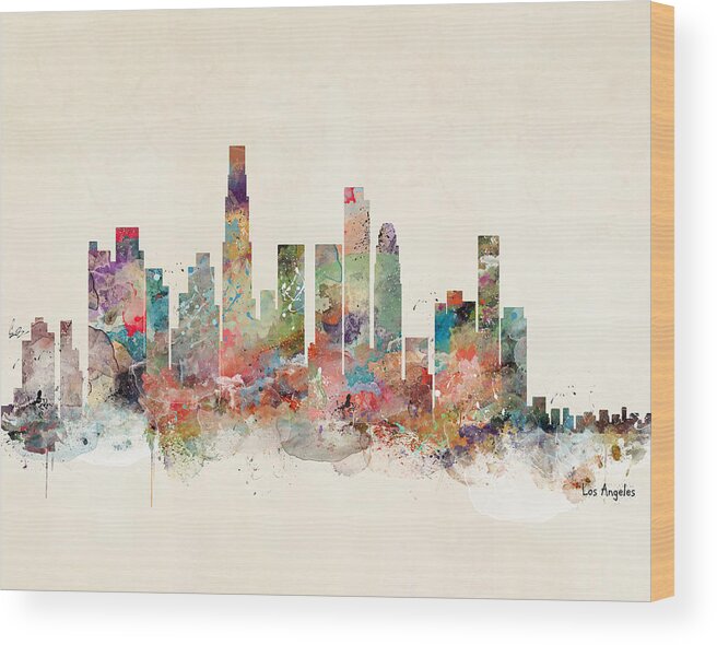 Los Angeles City Skyline Wood Print featuring the painting Los Angeles California Skyline by Bri Buckley