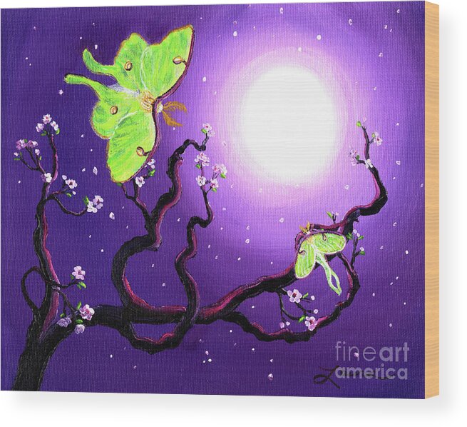Moth Wood Print featuring the painting Luna Moths in Moonlight by Laura Iverson