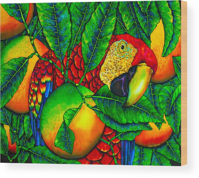 Scarlet Macaw Wood Print featuring the painting Macaw and Oranges - Exotic Bird by Daniel Jean-Baptiste