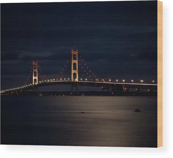 Mackinac Wood Print featuring the photograph Mackinac Bridge at Night by Larry Carr