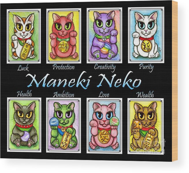 Maneki Neko Wood Print featuring the painting Maneki Neko Luck Cats by Carrie Hawks