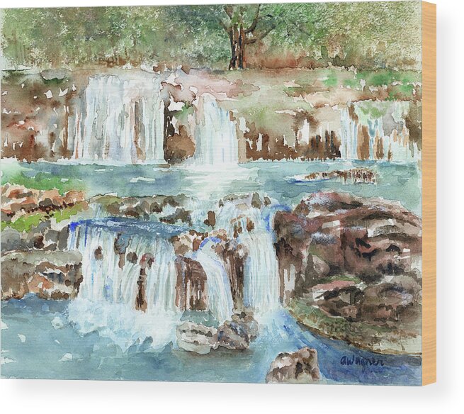 Waterfall Wood Print featuring the painting Many Waterfalls by Arline Wagner