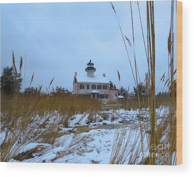 East Point Lighthouse Wood Print featuring the photograph March Snow at East Point Lighthouse by Nancy Patterson