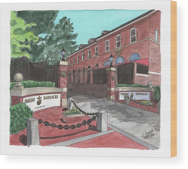 Marine Corps Wood Print featuring the painting Marine Barracks Welcome by Betsy Hackett