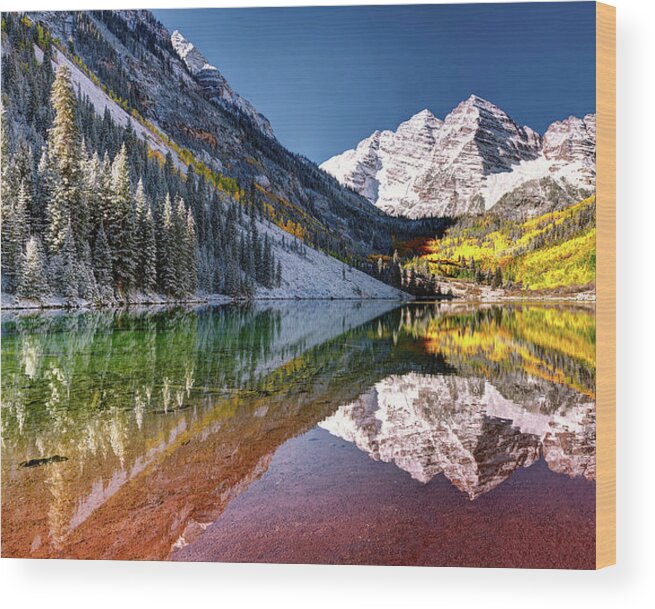 Olena Art Wood Print featuring the photograph Sunrise at Maroon Bells Lake Autumn Aspen Trees in The Rocky Mountains Near Aspen Colorado by Lena Owens - OLena Art Vibrant Palette Knife and Graphic Design
