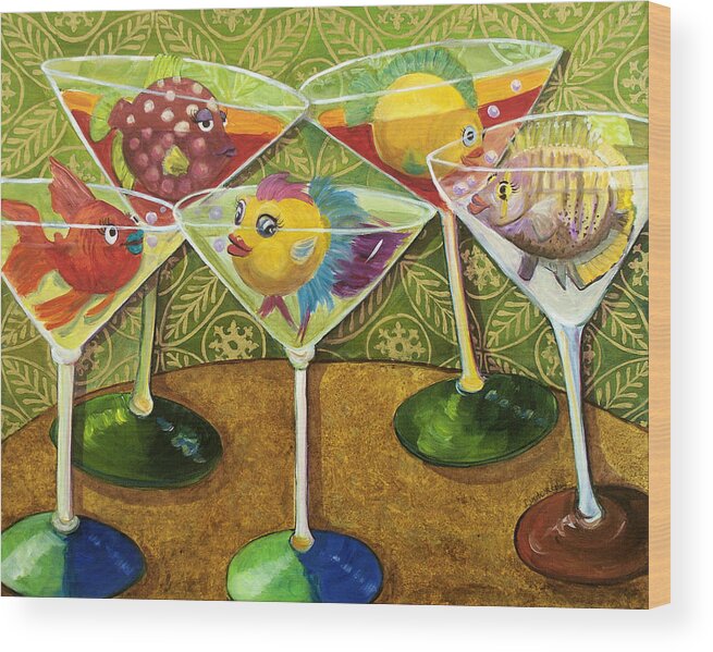 Fish In Martinis Wood Print featuring the painting Martini Madness by Linda Kegley