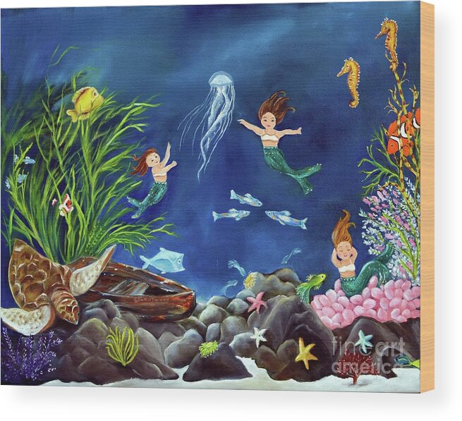 Sea Wood Print featuring the painting Mermaid Recess by Carol Sweetwood