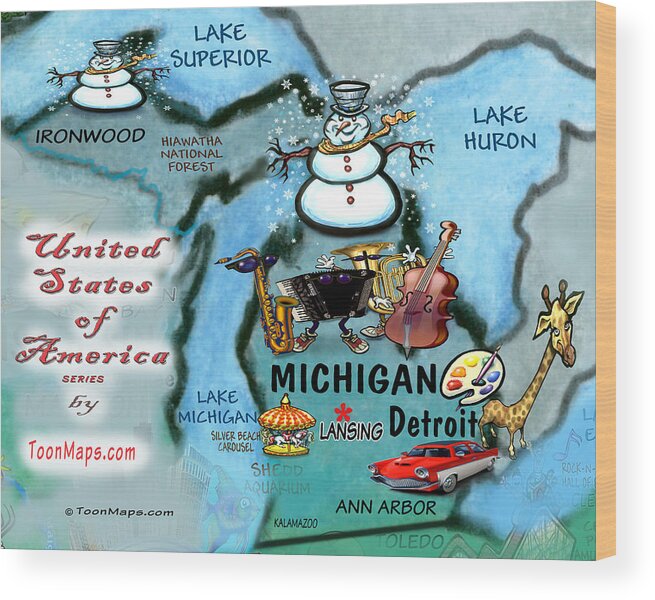 Michigan Wood Print featuring the digital art Michigan Fun Map by Kevin Middleton