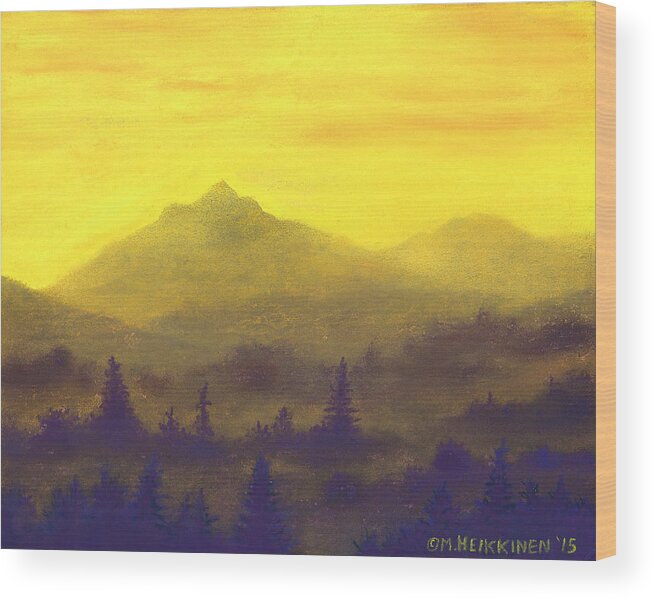 Misty Wood Print featuring the pastel Misty Mountain Gold 01 by Michael Heikkinen