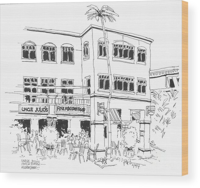 Architectural Ink Drawing Of Restaurant In Boca Raton Wood Print featuring the drawing Mizner Park's Uncle Julio's Restaurant by Robert Birkenes