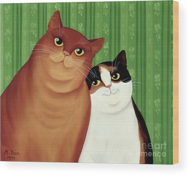 Cat; Cats; Couple; Pet; Pets Naive; Animals; Smiling; Happy; Moggies Wood Print featuring the painting Moggies by Magdolna Ban
