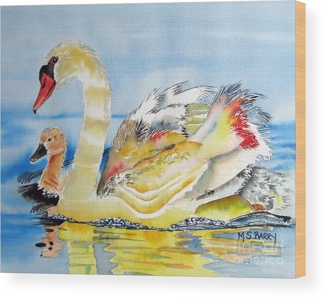 Swans Wood Print featuring the painting Mom and Baby by Maria Barry