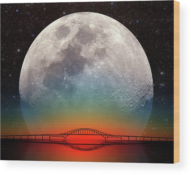 Moon Full Moon Space Astronomy Sunrise Sunset Dawn Dusk Silhouette Awe Wonder Stars Starry Starry Night Night Nighttime Bridge Water Reflection Wood Print featuring the photograph Monster Moonrise by Larry Landolfi