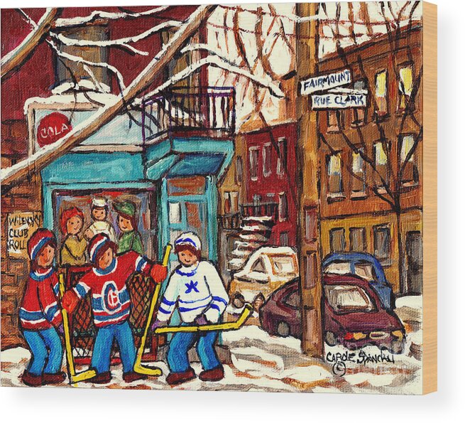 Montreal Wood Print featuring the painting Montreal Landmarks Wilensky Deli Paintings For Sale Canadian Winterscenes Hockey Art C Spandau by Carole Spandau