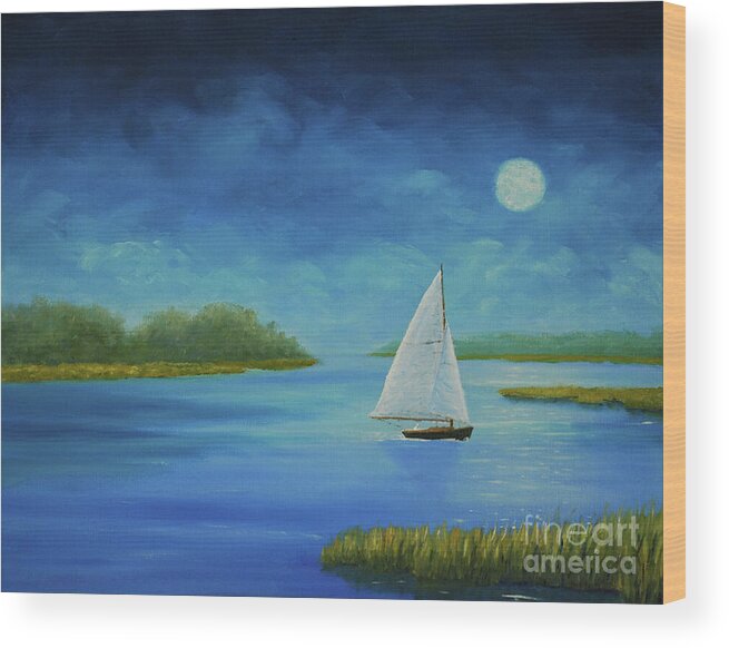 Moon Wood Print featuring the painting Moonlight Sail by Stanton Allaben