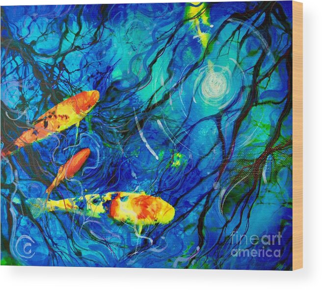Wall Art Wood Print featuring the mixed media Moonlight swim by Gina Signore