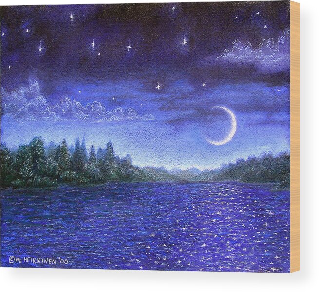 Moonlit Wood Print featuring the pastel Moonlit Lake by Michael Heikkinen