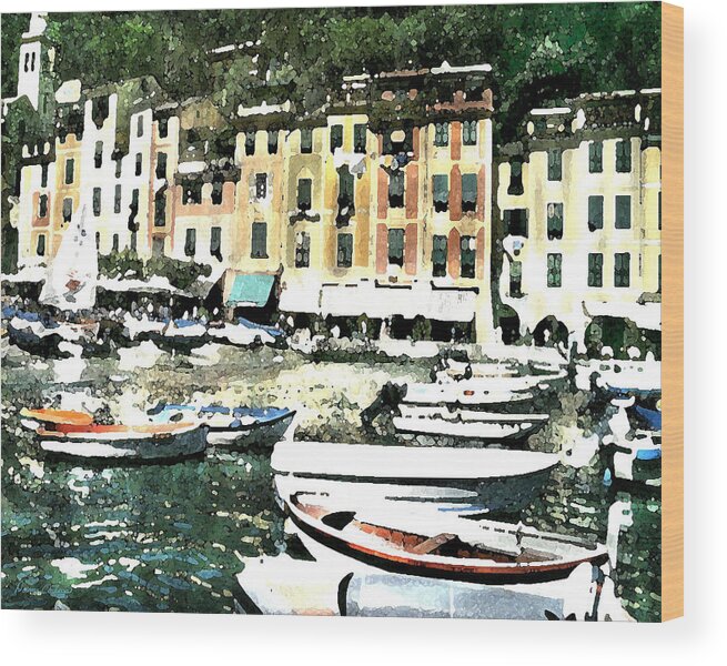 Digital Watercolor Wood Print featuring the digital art Morning in Portofino by Donna Corless