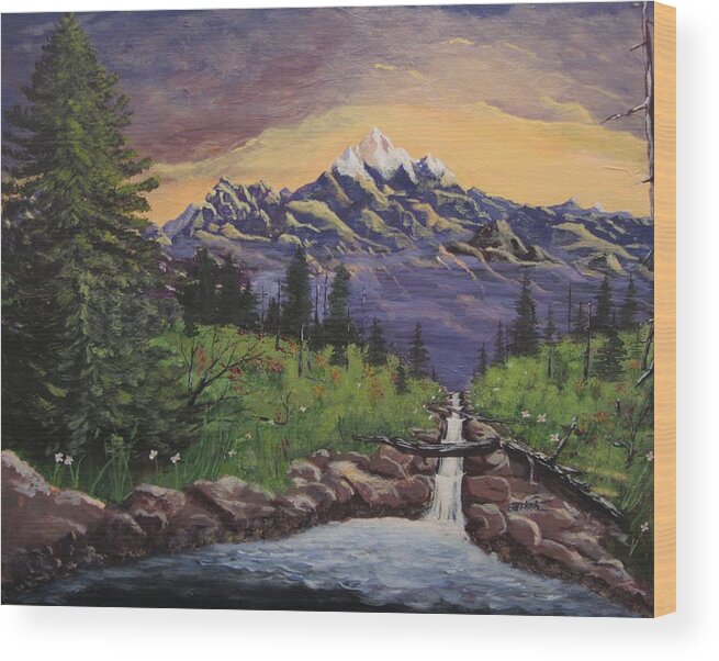 Mountain Wood Print featuring the painting Mountain and Waterfall 2 by David Bartsch
