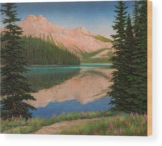 Landscape Wood Print featuring the painting Mountain Glow by Jake Vandenbrink