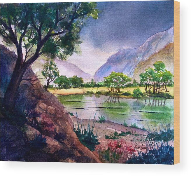 Mountains Wood Print featuring the painting Mountain Lake Memories by Frank SantAgata
