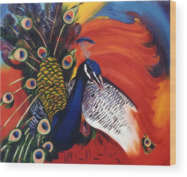 Birds Wood Print featuring the painting Mr Peacock by Lisa Boyd