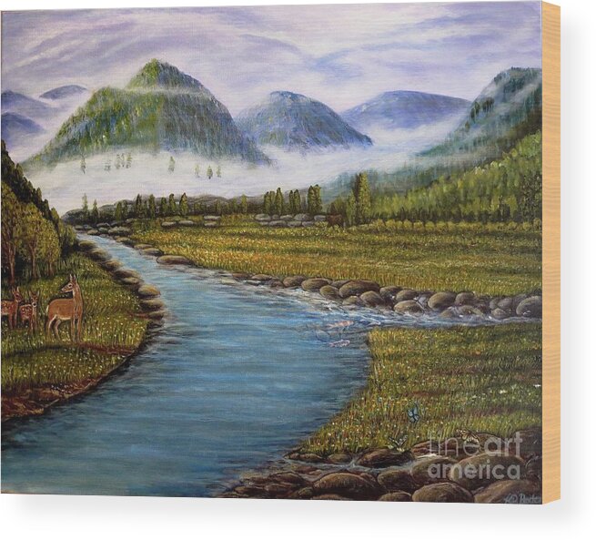 Mist Covered Mountains In Background Golden Rolling Hills And Tree Lines Meadow Or Pasture Filled With Tiny White Yellow And Blue Wildflower So Brown Black Bear In Distance Stalking Prey Doe With Two Fawns Divergent Stream With Three Fish Swimming Into It Three Small Butterflies In The Foreground To Point He Way Religious And Numerical Symbolism Spiritual Work Nature Scene Deer And Wildlife Paintings Acrylic Painting Wood Print featuring the painting My Morning Walk with God by Kimberlee Baxter