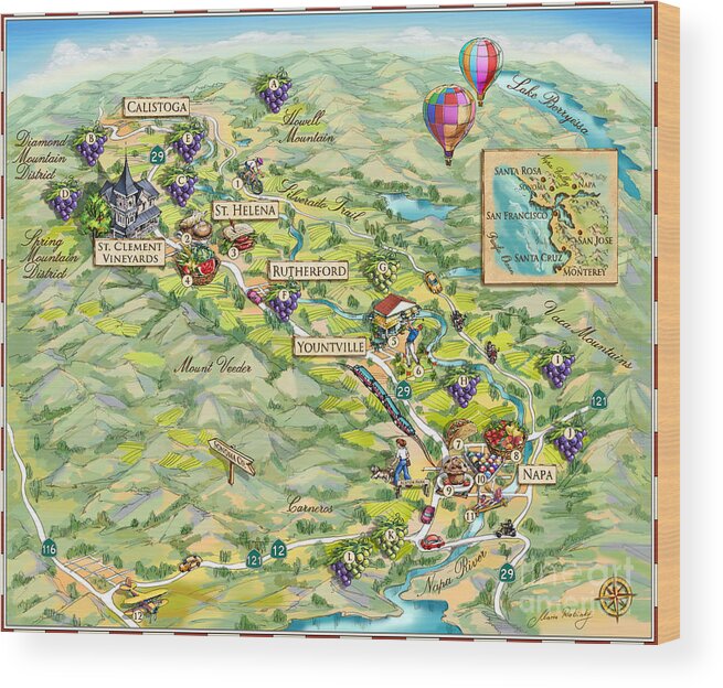 Napa Valley Wood Print featuring the painting Napa Valley Illustrated Map by Maria Rabinky